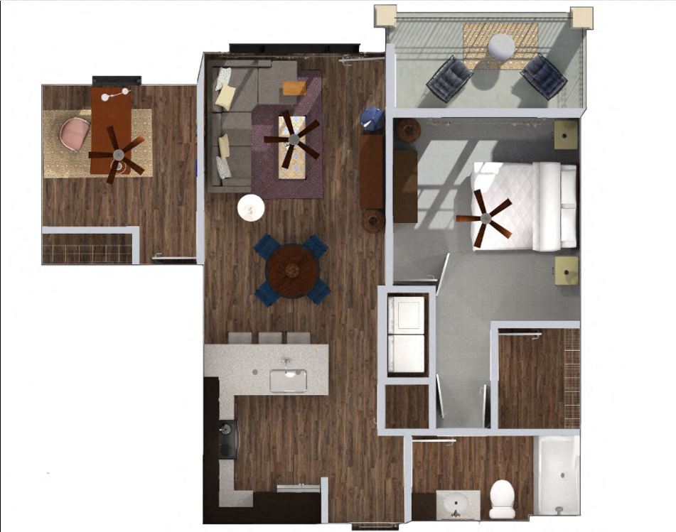 Floor plan for 1 bed, 1 bath, 788 sqft